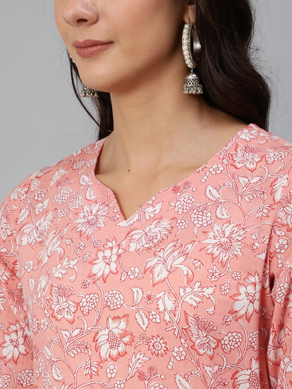 Women's Pink Floral Printed Kurta Set With Palazo & Dupatta
