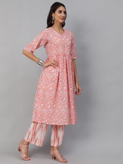 Women's Pink Floral Printed Kurta Set With Palazo & Dupatta