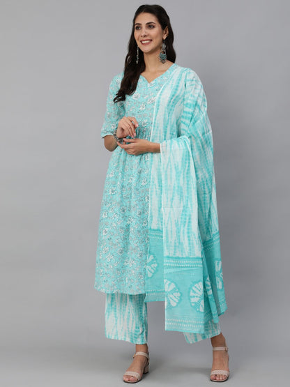 Women's Blue Floral Printed Kurta Set With Palazo & Dupatta