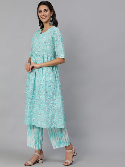 Women's Blue Floral Printed Kurta Set With Palazo & Dupatta