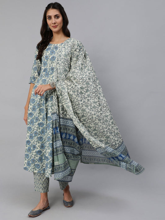 Women's Blue & Cream Floral Printed Kurta Set With Trouser & Dupatta