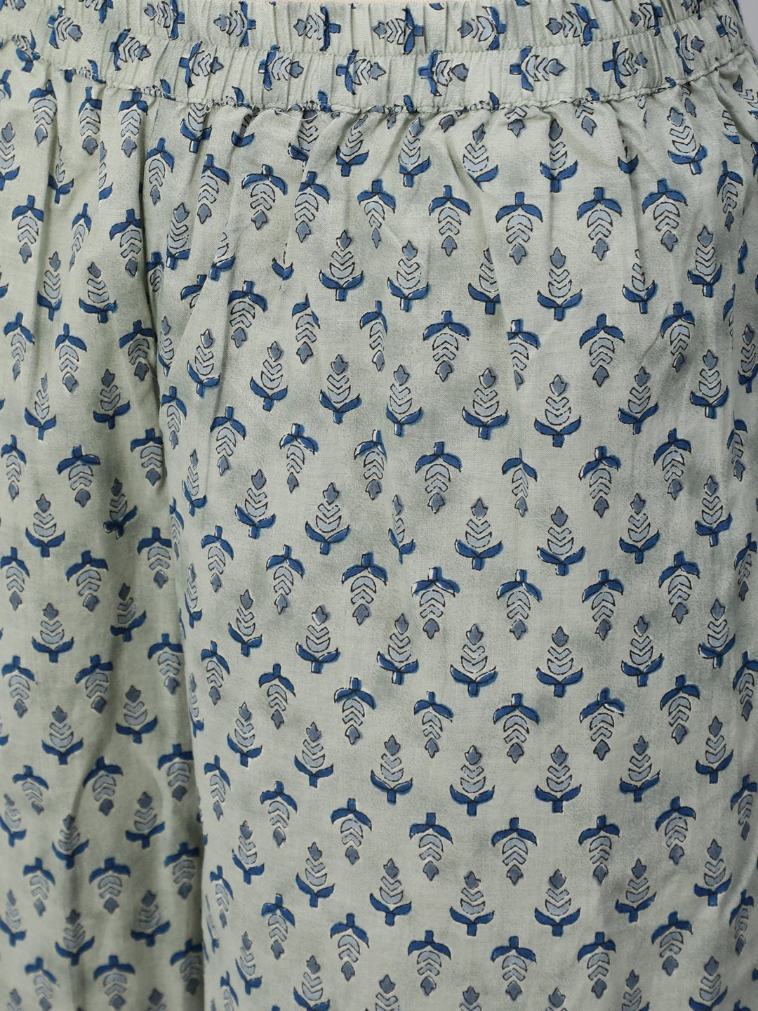 Women's Blue & Cream Floral Printed Kurta Set With Trouser & Dupatta