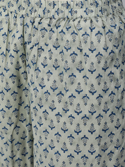 Women's Blue & Cream Floral Printed Kurta Set With Trouser & Dupatta