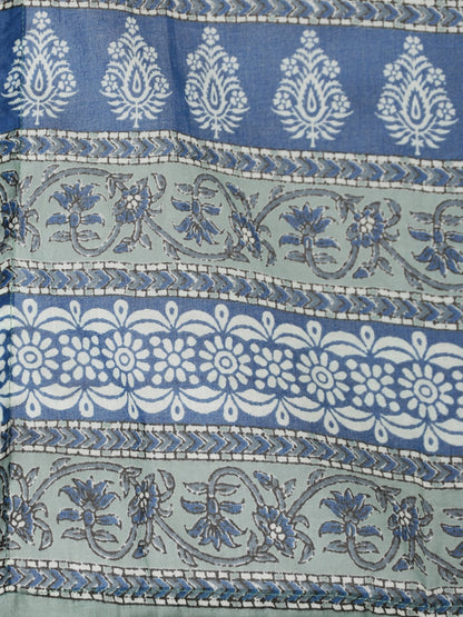 Women's Blue & Cream Floral Printed Kurta Set With Trouser & Dupatta