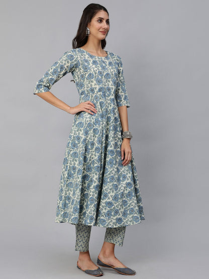 Women's Blue & Cream Floral Printed Kurta Set With Trouser & Dupatta