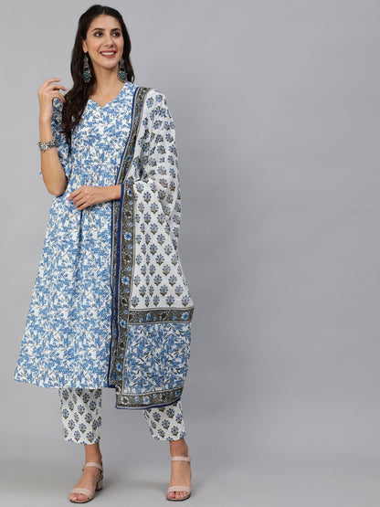 Women's Blue & White Floral Printed Kurta Set With Trouser & Dupatta