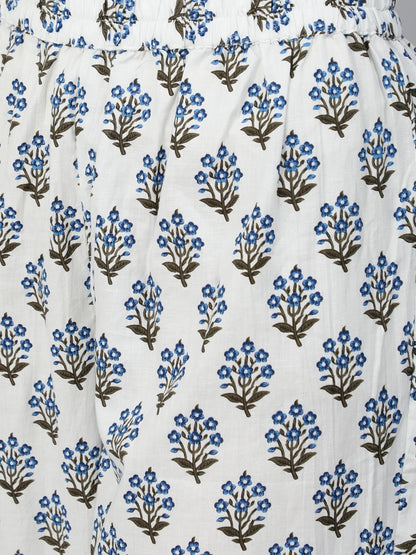 Women's Blue & White Floral Printed Kurta Set With Trouser & Dupatta