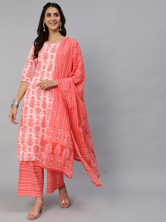 Women's Pink Printed Kurta Set With Plazo & Dupatta