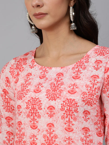 Women's Pink Printed Kurta Set With Plazo & Dupatta