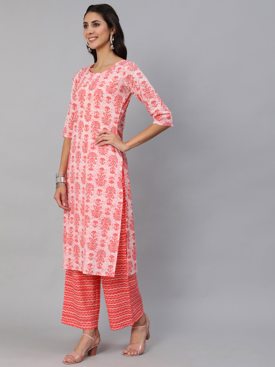 Women's Pink Printed Kurta Set With Plazo & Dupatta