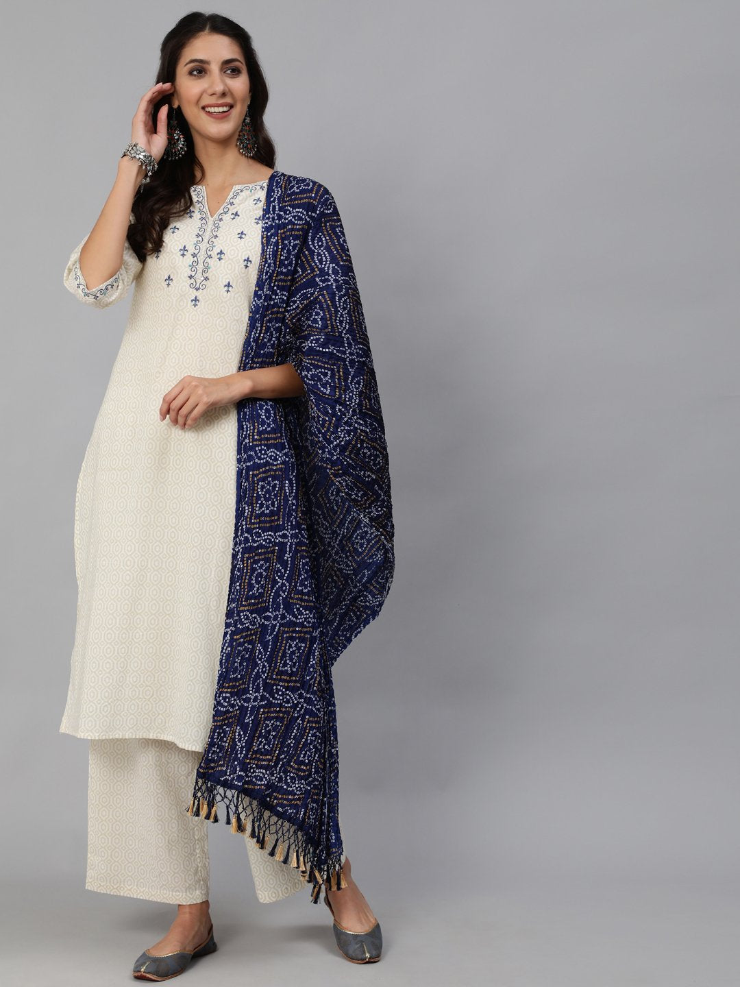 Women's Cream & Blue Embroidered Straight Kurta Set With Plazo & Wrinkled Dupatta