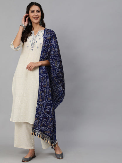Women's Cream & Blue Embroidered Straight Kurta Set With Plazo & Wrinkled Dupatta