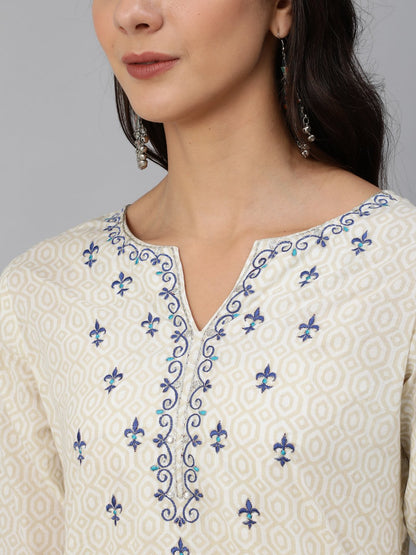 Women's Cream & Blue Embroidered Straight Kurta Set With Plazo & Wrinkled Dupatta