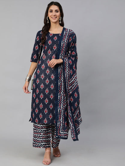 Women's Blue Ethnic Striped Printed Straight Kurta With Three Quarter Sleeves