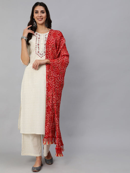 Women's Cream & Red Embroidered Straight Kurta Set With Plazo & Wrinkled Dupatta