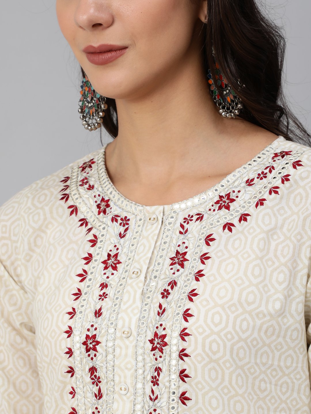 Women's Cream & Red Embroidered Straight Kurta Set With Plazo & Wrinkled Dupatta