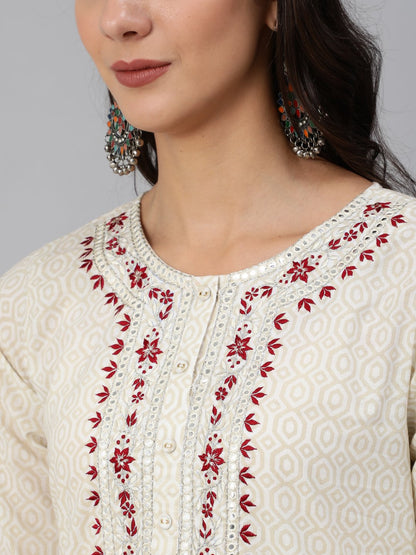 Women's Cream & Red Embroidered Straight Kurta Set With Plazo & Wrinkled Dupatta