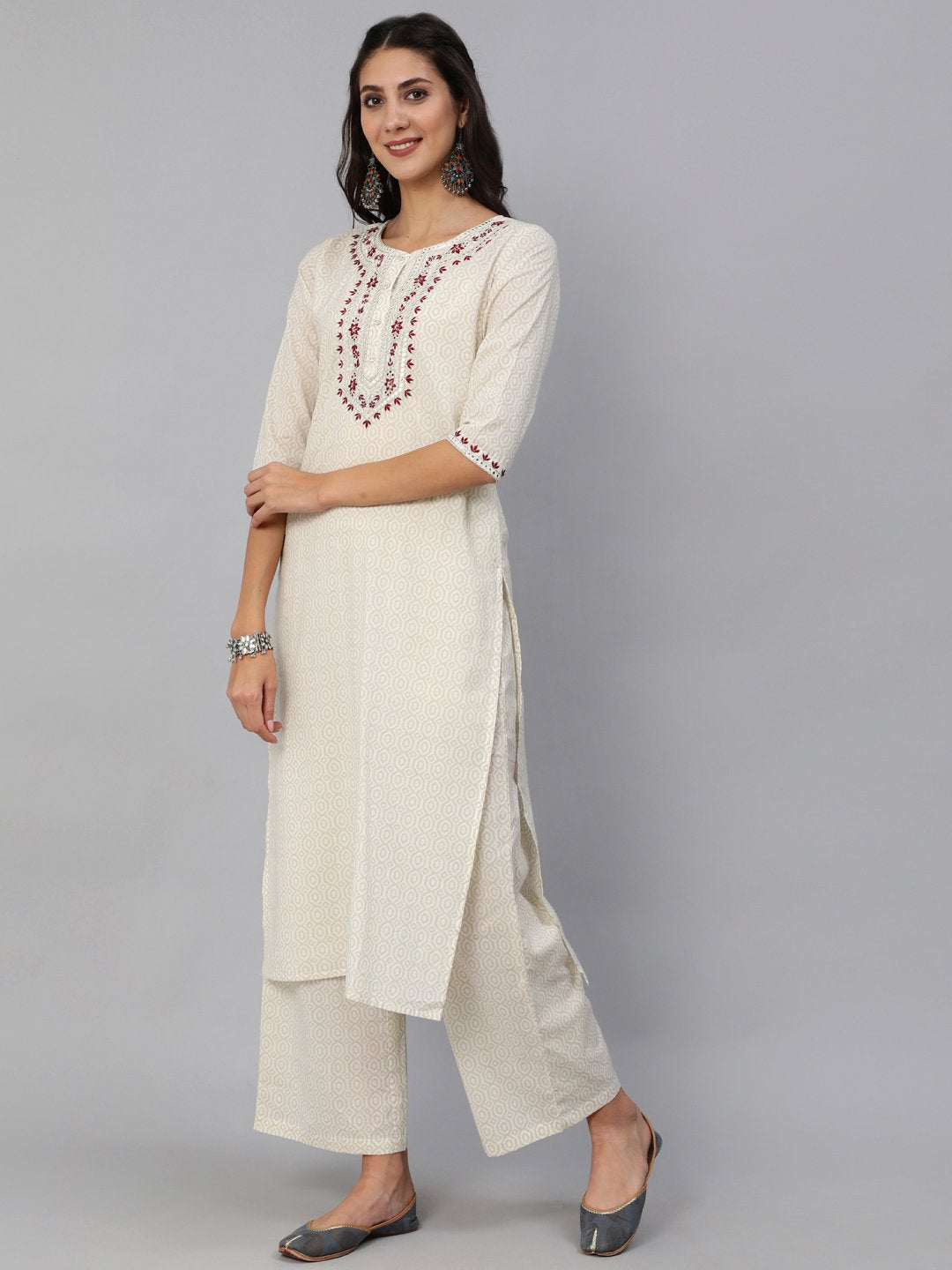 Women's Cream & Red Embroidered Straight Kurta Set With Plazo & Wrinkled Dupatta