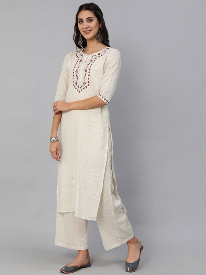 Women's Cream & Red Embroidered Straight Kurta Set With Plazo & Wrinkled Dupatta