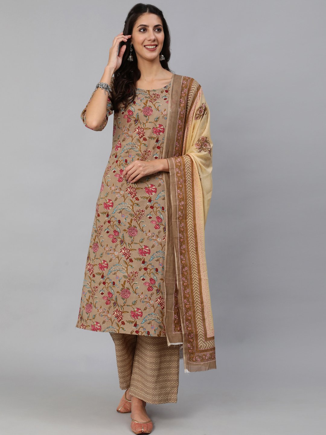 Women's Grey Printed Straight Kurta Set With Plazo &  Dupatta