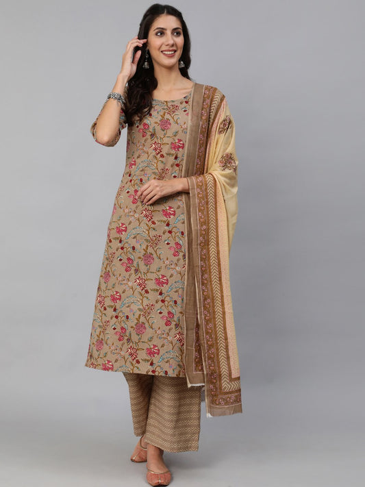 Women's Grey Printed Straight Kurta Set With Plazo &  Dupatta