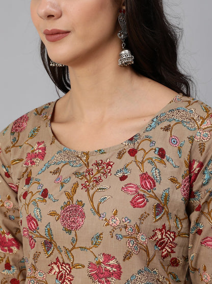 Women's Grey Printed Straight Kurta Set With Plazo &  Dupatta