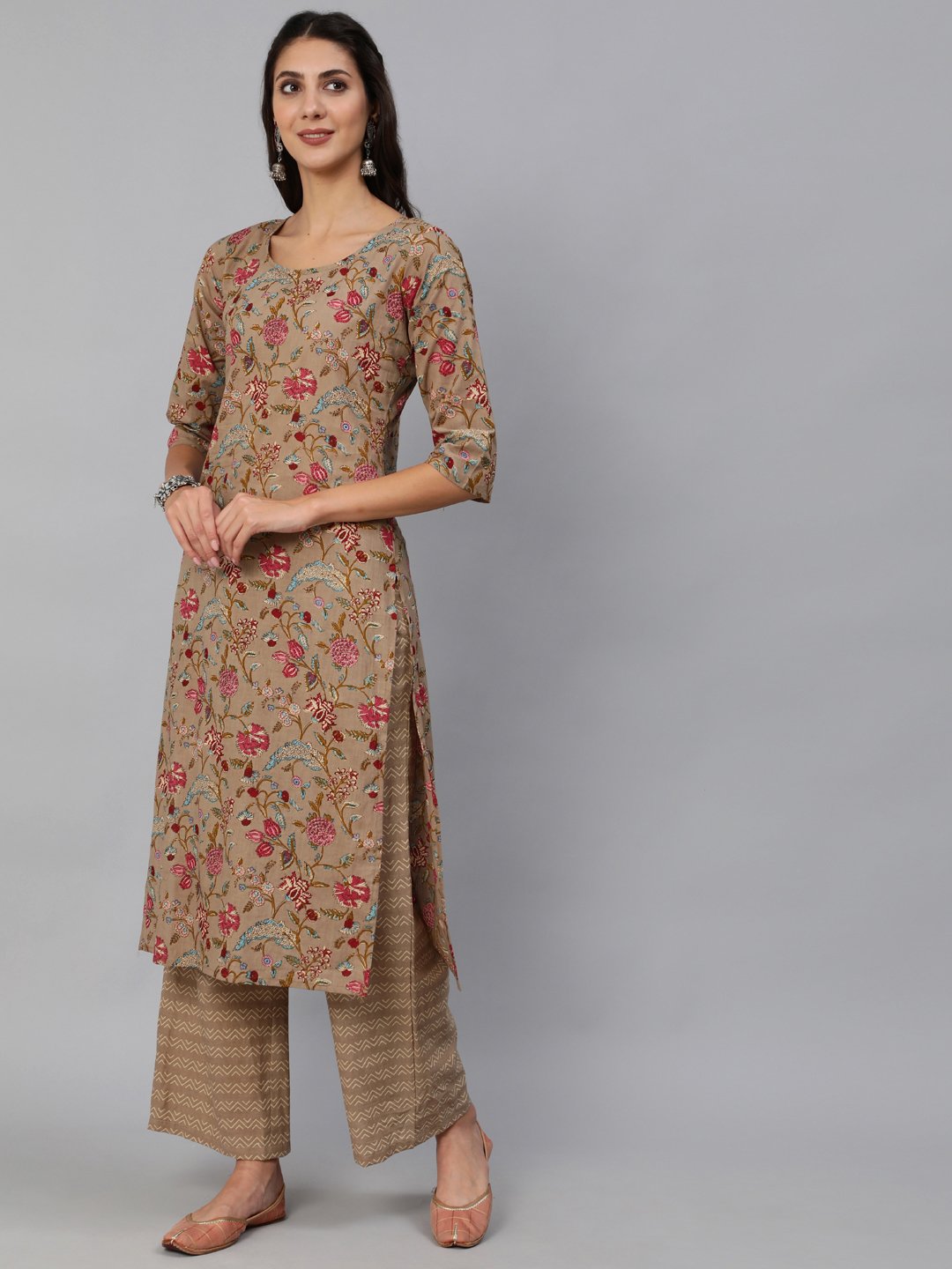 Women's Grey Printed Straight Kurta Set With Plazo &  Dupatta