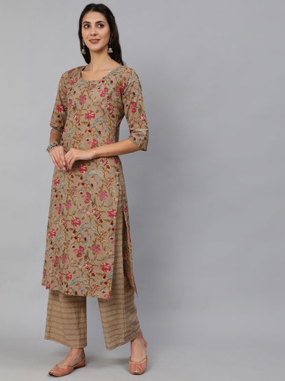 Women's Grey Printed Straight Kurta Set With Plazo &  Dupatta