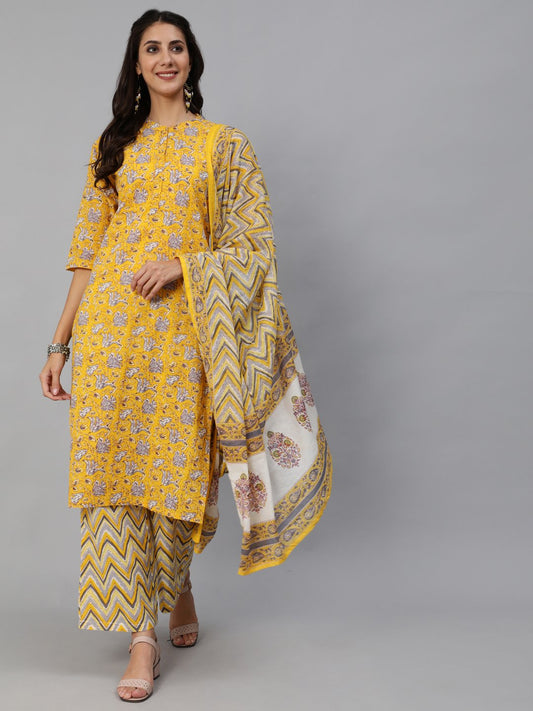 Women's Yellow & Grey Floral Printed Straight Kurta Set With Plazo & Dupatta