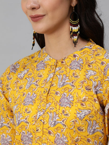Women's Yellow & Grey Floral Printed Straight Kurta Set With Plazo & Dupatta