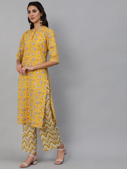 Women's Yellow & Grey Floral Printed Straight Kurta Set With Plazo & Dupatta