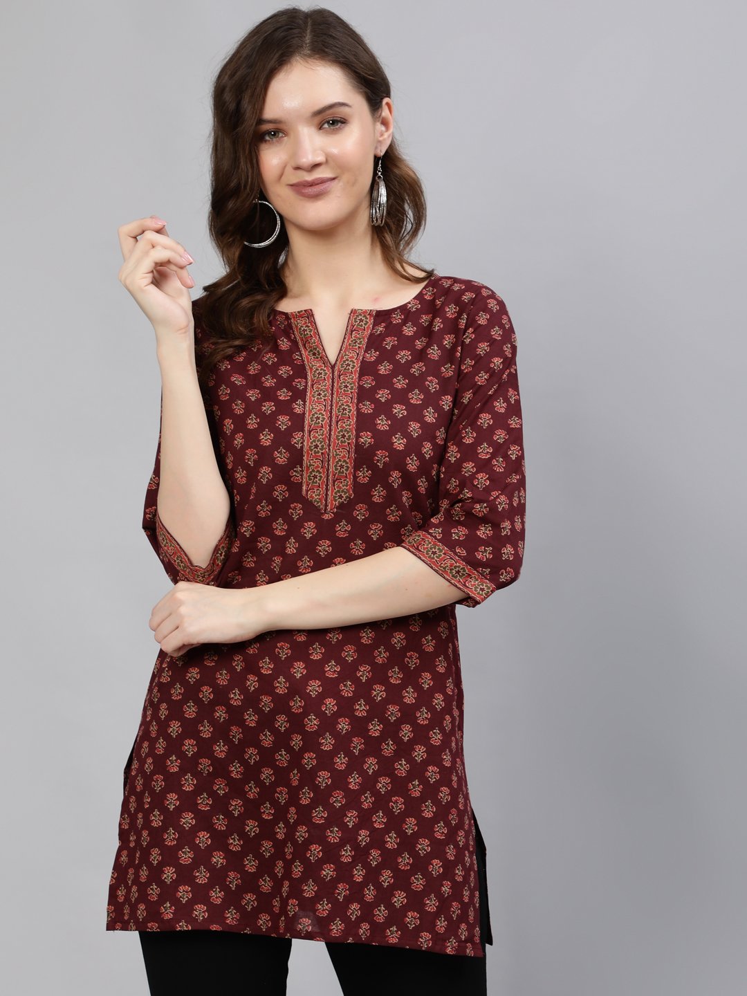 Women's Burgundy Printed Tunic With Three Quarter Sleeves