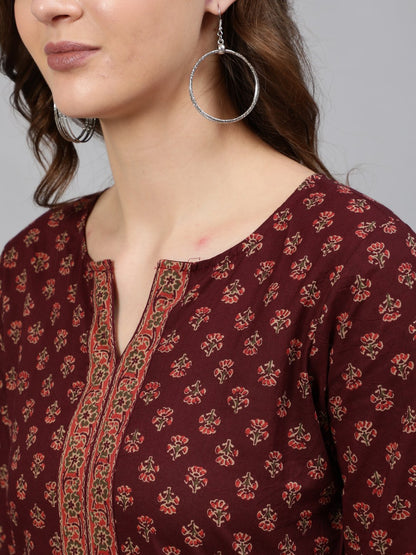 Women's Burgundy Printed Tunic With Three Quarter Sleeves