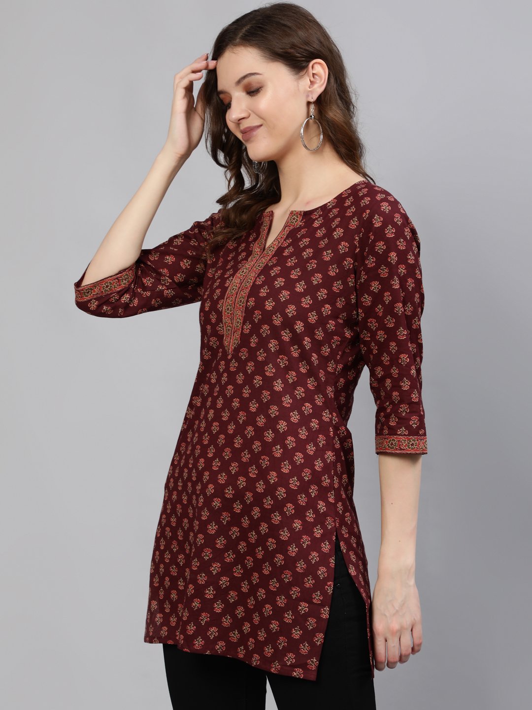 Women's Burgundy Printed Tunic With Three Quarter Sleeves