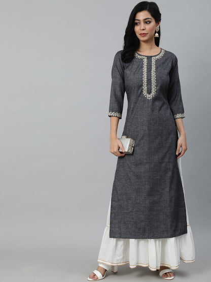 Women's Grey Embroidered Straight Kurta With Three Quarter Sleeves