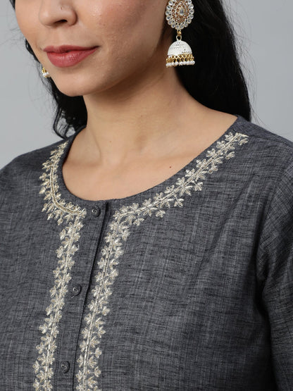 Women's Grey Embroidered Straight Kurta With Three Quarter Sleeves