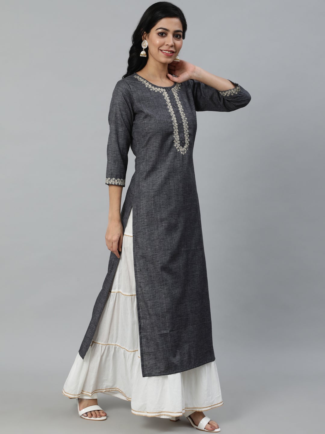 Women's Grey Embroidered Straight Kurta With Three Quarter Sleeves