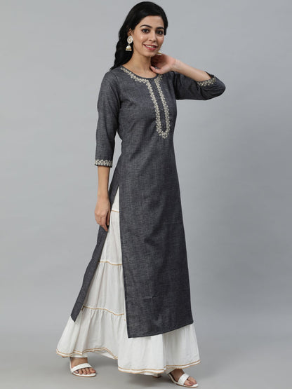 Women's Grey Embroidered Straight Kurta With Three Quarter Sleeves