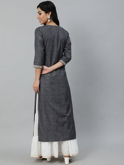 Women's Grey Embroidered Straight Kurta With Three Quarter Sleeves