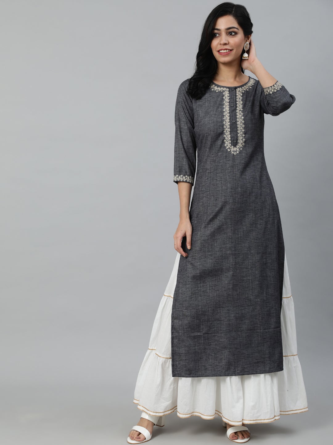 Women's Grey Embroidered Straight Kurta With Three Quarter Sleeves