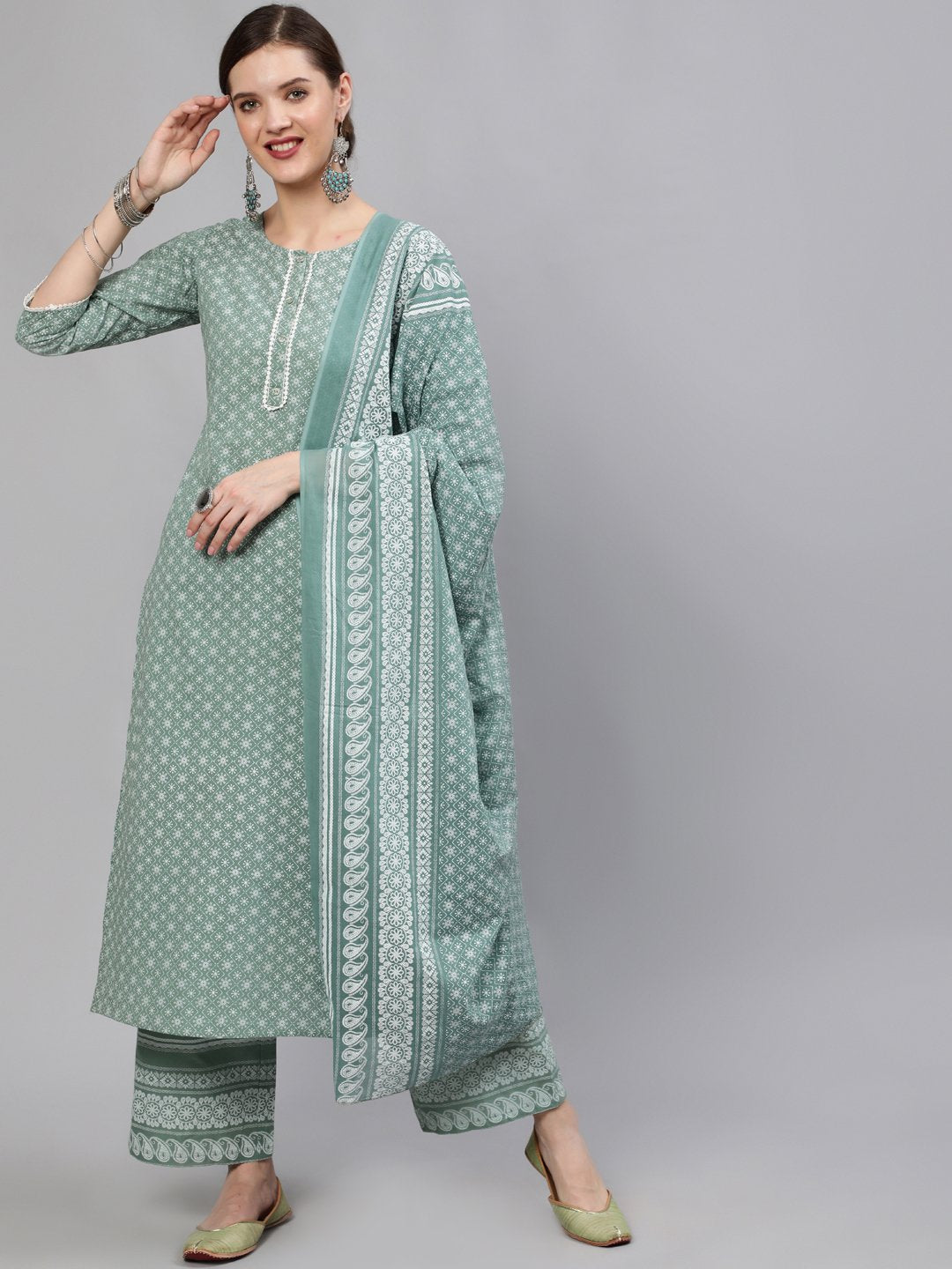 Women's Green Floral Printed Straight Kurta With Plazo & Dupatta