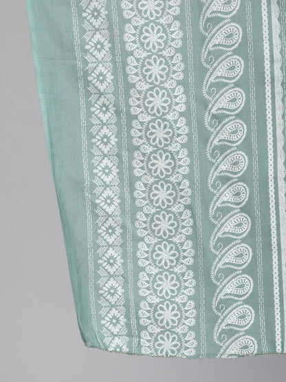 Women's Green Floral Printed Straight Kurta With Plazo & Dupatta
