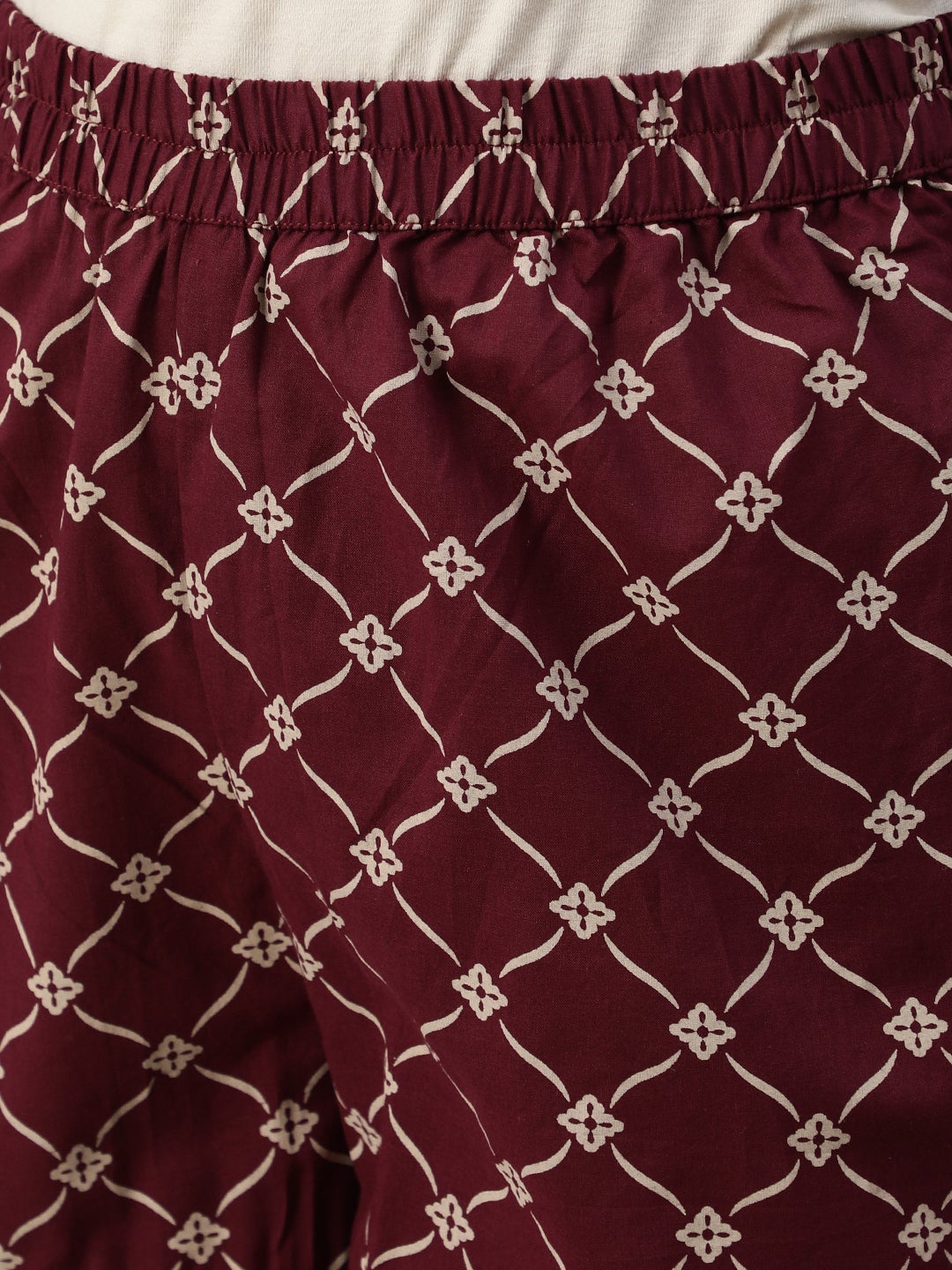 Women's Burgundy & Beige Motifs Printed Cotton Kurta With Plazzos And Dupatta