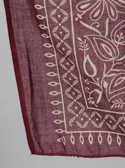 Women's Burgundy & Beige Motifs Printed Cotton Kurta With Plazzos And Dupatta