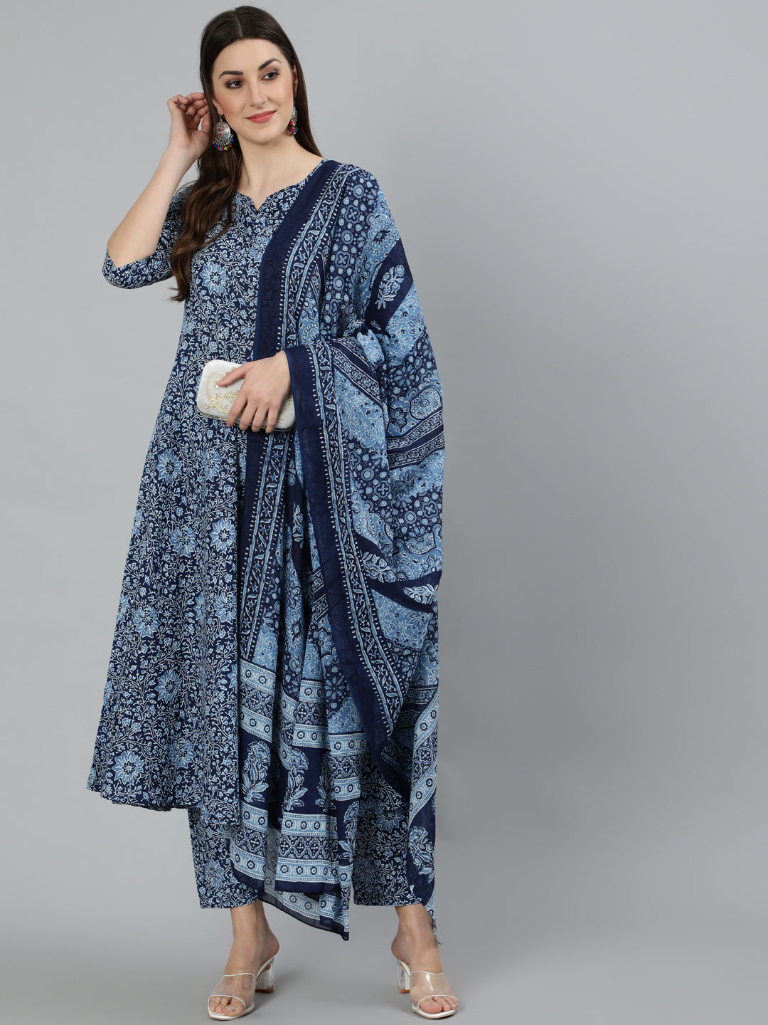 Women's Blue Ethnic Motifs Printed  Cotton Kurta with Palazzos & Dupatta