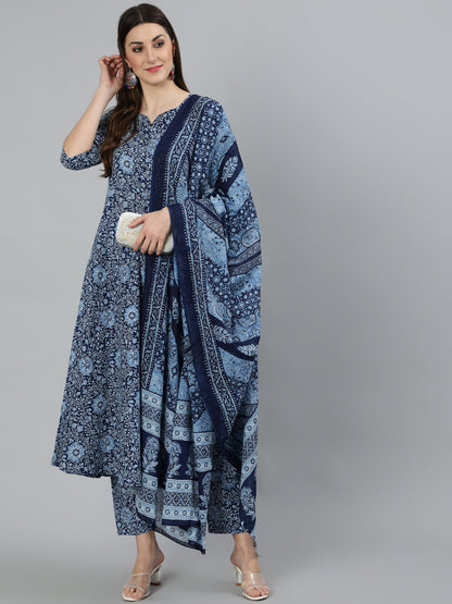 Women's Blue Ethnic Motifs Printed  Cotton Kurta with Palazzos & Dupatta