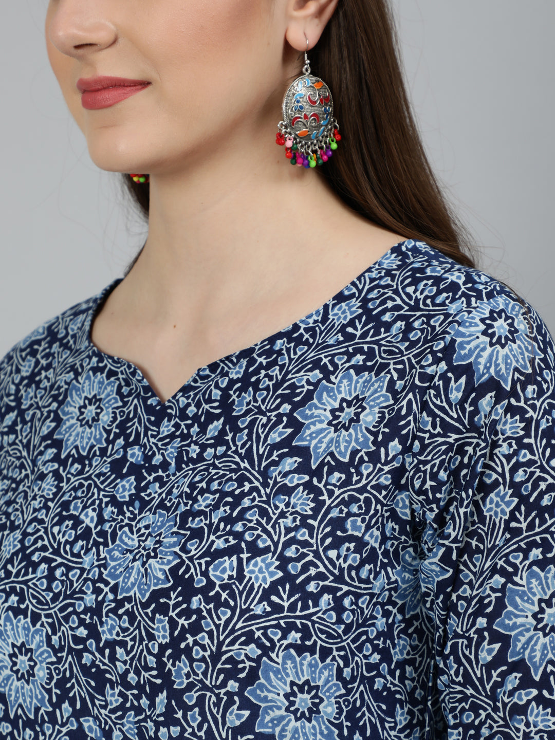 Women's Blue Ethnic Motifs Printed  Cotton Kurta with Palazzos & Dupatta