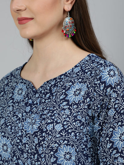 Women's Blue Ethnic Motifs Printed  Cotton Kurta with Palazzos & Dupatta