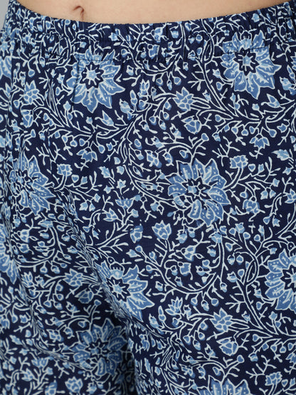 Women's Blue Ethnic Motifs Printed  Cotton Kurta with Palazzos & Dupatta