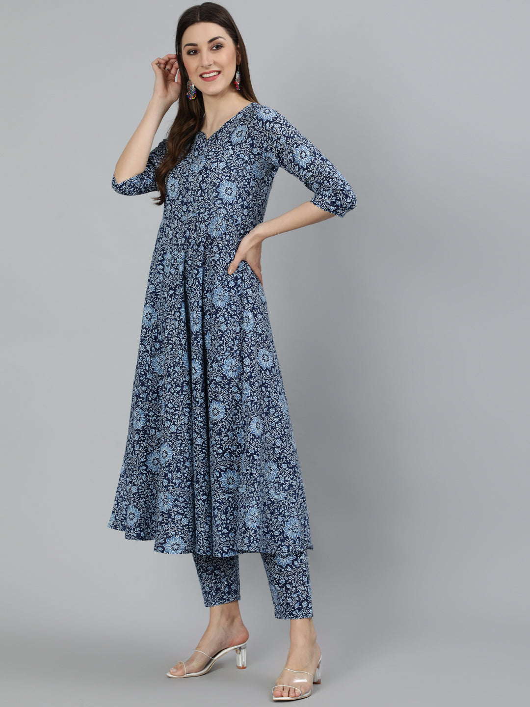 Women's Blue Ethnic Motifs Printed  Cotton Kurta with Palazzos & Dupatta